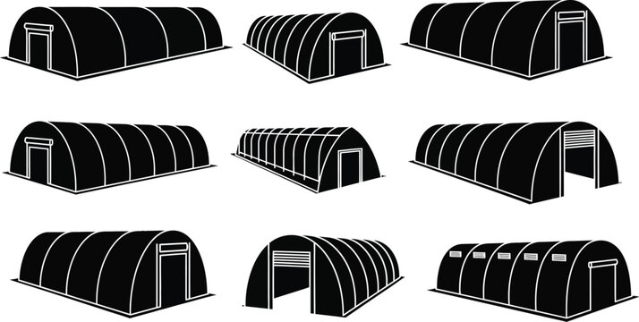 Black and white illustration of various quonset hut designs and perspectives