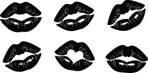 A collection of stylized black and white kiss marks and lip prints