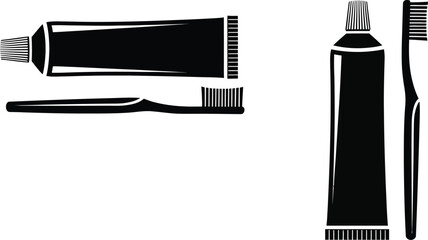 Minimalist black and white illustration of toothpaste toothbrush and dental hygiene products