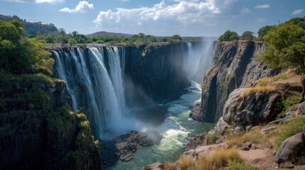 Fototapeta premium Water cascades down a large waterfall into a river below. Tall cliffs line the sides while greenery grows at the top. Sunlight brightens the scene showcasing natural beauty.