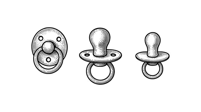 Engraved illustration of baby pacifiers in a row, isolated on white background