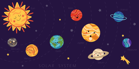 Detailed vector illustration of the solar system on a dark cosmic background with planets and stars. Design for educational posters, presentations, textbooks, learning materials. © Peviotadesign