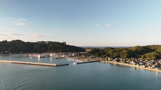 Shimakishi, Itoshima, Fukuoka, Japan Coastline in Autumn: 4K Aerial Drone Footage of Hikizu Bay, Rural Beach, Islands, Mountain Forests, Fish Cage, Houses, Estates near Genkai Quasi-National Park
