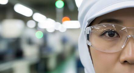 ライン作業員、精密部品工場で検品する真剣な眼差しとコピースペース