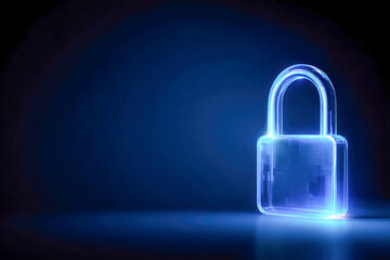 Digital glowing padlock icon on blue background symbolizing advanced cybersecurity protection and data privacy in modern technology systems and networks
