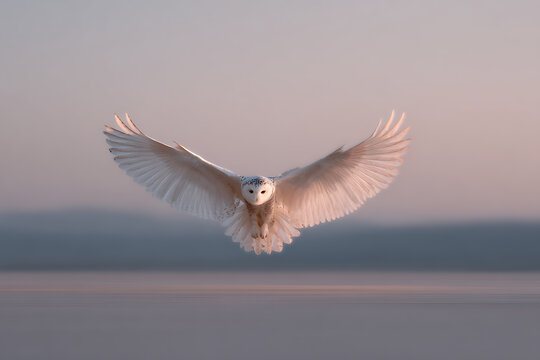 nature photography, large-winged owl soaring through dusky winter sunset sky with cinematic motion blur, creating a mystical cinematic scene