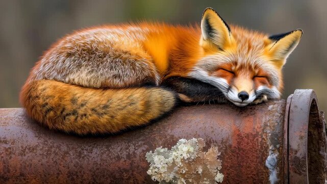 Resting Red Fox: This image features a serene scene of a red fox soundly asleep in nature's embrace, showcasing a moment of tranquil restfulness.
