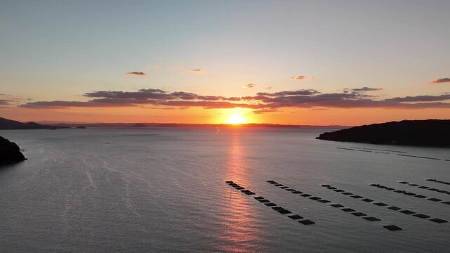 Hikizu Bay, Itoshima, Fukuoka, Japan Coastline in Autumn: 4K Aerial Drone Footage of Rural Beach at sunset, Islands, Calm Ocean, Mountain Silhouettes and Scenic Coastal Landscape