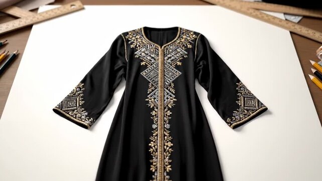 A fashion designer sketches an elegant abaya on paper. The drawing magically transforms into a beautifully embroidered garment.