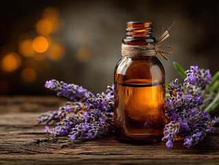 Essential Oil Glass Bottle with Lavender Flowers
