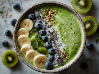 Fresh Healthy Green Smoothie Bowl with Fruits