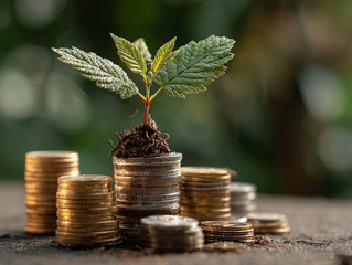 Stack of Gold Coins with Plant Growing Savings