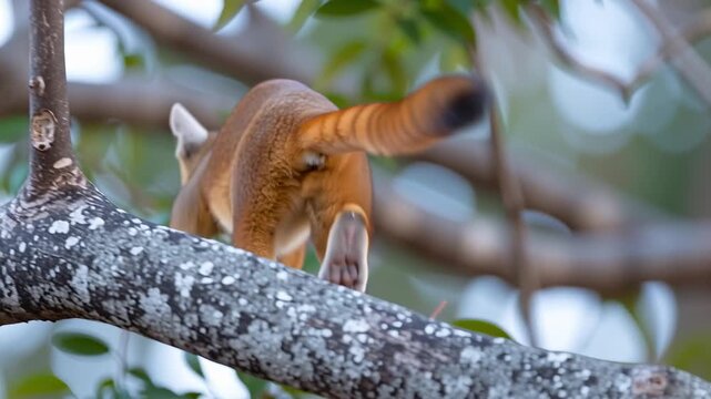 Fossa Climbs a Tree in Madagascar and Explores Its Surroundings