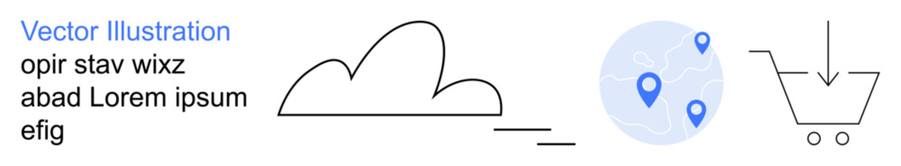 Cloud computing, online shopping, navigation, technology services, data storage, business operations. Minimalist line art icons of a cloud, map markers and shopping cart. Cloud computing and online