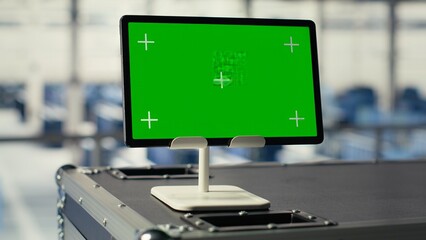 Close up of green screen mockup tablet in server hub with hardware supporting tech services. Chroma key isolated screen device in data center storing and processing vast datasets, panning shot