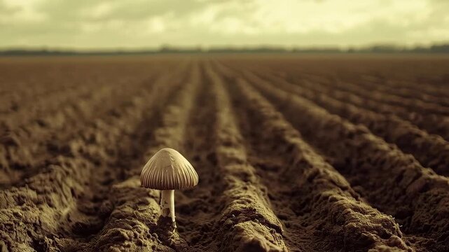 Mushroom Amidst the Furrows: A lone mushroom stands defiantly amidst rows of freshly plowed soil, under a brooding sky, invoking solitude, resilience and the cyclical nature of life.
