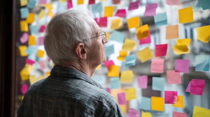 An elderly person stands by a window looking up at a mix of colorful sticky notes placed on the glass. The scene captures a moment of reflection and curiosity on a bright day.