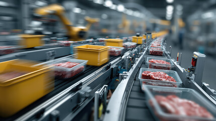 Automated food processing plant with conveyor and robotic arms handling meat packaging