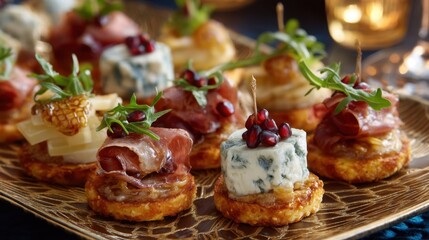 A group of small savory snacks is arranged on a decorative platter. Guests at the gathering can enjoy various toppings like meats and cheese on each bite sized treat.