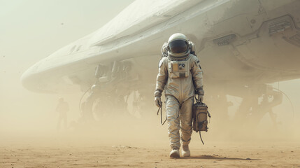 Obraz premium Astronaut walks on alien desert planet with spaceship and sandy dust in background