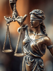 Close-up of a bronze statue of Lady Justice holding balanced scales with a blindfold symbolizing impartiality and fairness in law and legal systems