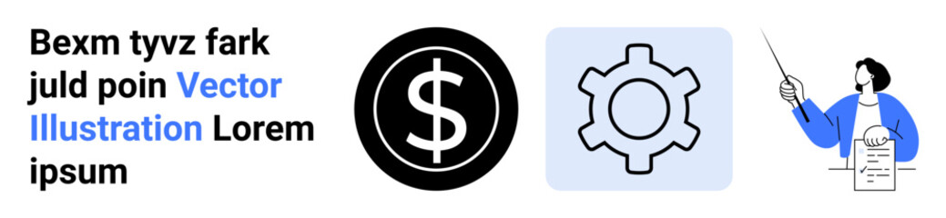 Dollar sign emphasizing finance, gear icon symbolizing settings, and a professional woman explaining from a report. Ideal for business, finance, learning, collaboration, functionality, education