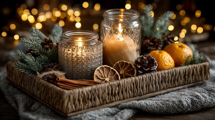 Glowing, textured pillar candles featured in Christmas still life, surrounded by pine branches, pinecones, dried orange slices.