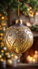 A glass Christmas ornament ball with a gold filigree cap, hanging from a chain and containing golden glittery, stylized foliage.