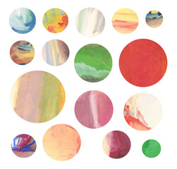 Set of big and small abstract circles with gouache paints brush strokes isolated on white or transparent background.