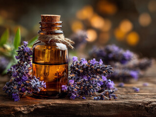 Essential Oil Glass Bottle with Lavender Flowers