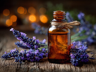 Essential Oil Glass Bottle with Lavender Flowers