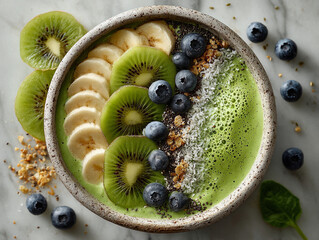 Fresh Healthy Green Smoothie Bowl with Fruits