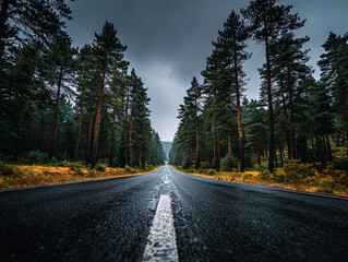 Empty Asphalt Road Through Forest Landscape