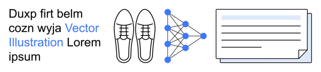 Data processing, machine learning, AI, fashion design, documentation, network systems. Neural network illustration with connected nodes, shoes and documents. Machine learning and data processing
