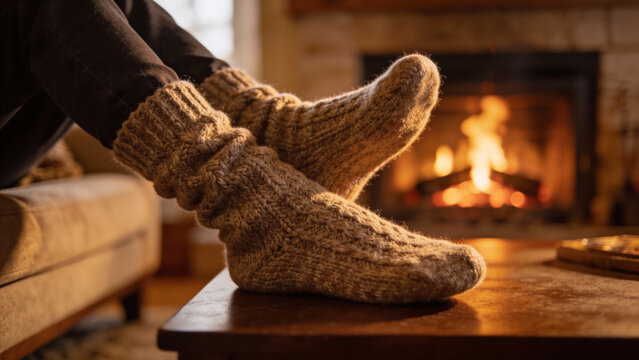 Cozy feet in warm knitted socks relaxing by the fireplace  