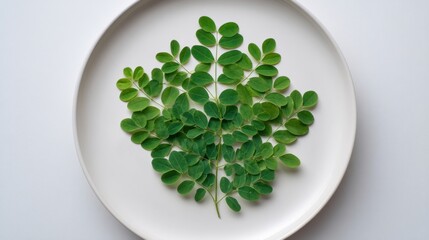 A collection of moringa leaves is placed in a symmetrical pattern on a white plate. The setting features soft light showcasing the vibrant green of the leaves.