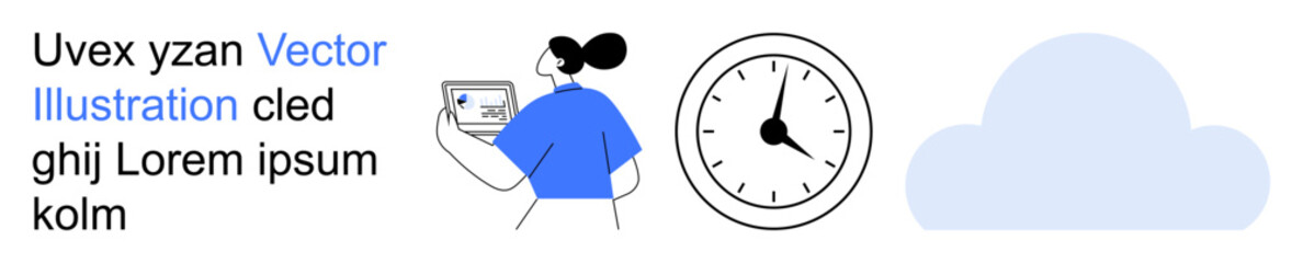 Time management, online services, digital tools, productivity, cloud storage, networking. Woman with a laptop, clock and cloud symbol. Time management and online services concept