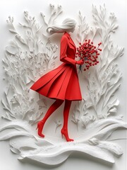 Elegant woman in a flowing red dress holding a bouquet of red berries, surrounded by sculptural white botanical textures, creating a surreal, artistic fashion scene with winter elegance