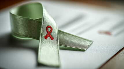 A pale green awareness ribbon embroidered with a red loop symbol resting on a textured white paper surface for health or social cause support campaigns