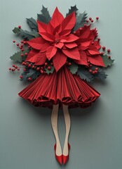Surreal fashion artwork of a woman transformed into a poinsettia-inspired dress, blending red floral elements, elegance, and holiday symbolism in a minimalist, artistic winter composition.