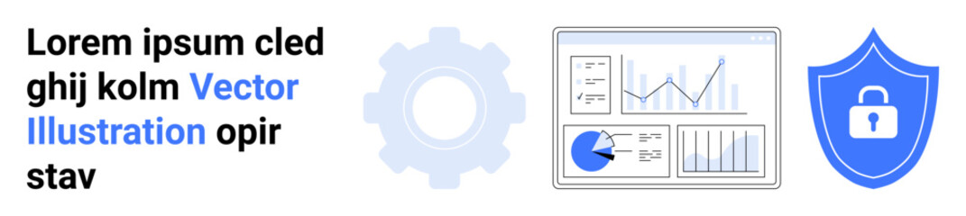 Gear icon, analytical charts, and shield with padlock representing technology, security, and data analysis. Ideal for technology services, cybersecurity, analytics, system optimization business