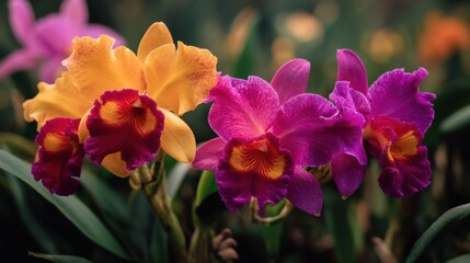 Bright orchids grow in a garden during springtime. The flowers display different colors and sizes attracting bees and visitors. Green leaves surround the blooms.