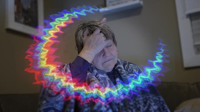Concept view of a woman experiencing an ocular migraine, showing colorful zigzag visual disturbances and aura effects representing temporary vision disruption. 14986  