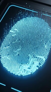 Close Up Of A Glowing Blue Digital Fingerprint Scan On A Dark Futuristic Interface With Circuitry Details And A Neon Border