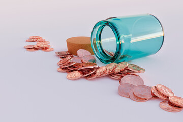 3D illustration of a turquoise glass jar lying on its side with many shiny copper bitcoin coins spilling out onto a soft pastel surface