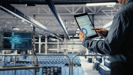 Close up of data center employee checking infrastructure diagnostics graphs on tablet screen. IT specialist on industrial platform in server room examining data charts during system audit, camera A