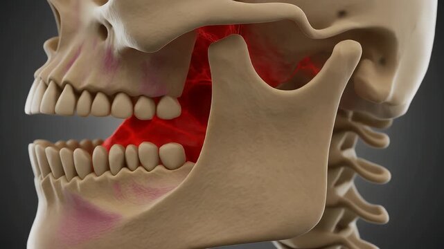 3D render of human skull with highlighted temporomandibular joint (TMJ) and jaw pain, representing dental discomfort and skeletal anatomy.