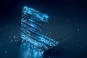 Three-dimensional digital hologram of glowing data points forming an abstract curved structure in dark blue futuristic space environment