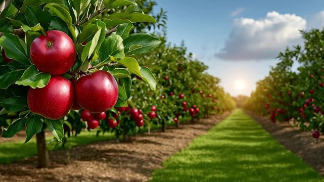 Lush apple orchard scene showcasing vibrant red apples on trees, with a gradual camera zoom out revealing the expansive landscape and warm sunlight illuminating the rows of fruit trees