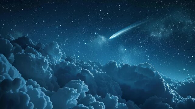 Bright Comet Travels Across the Dark Sky Over Clouds at Night